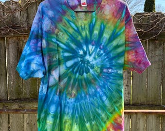 tie dye t-shirt, rainbow spiral, ice dyed, adult extra large