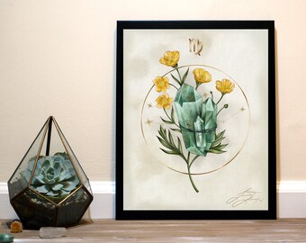 Virgo Crystal Zodiac Art Print - Moss Agate & Buttercups