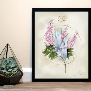 May include: A watercolour illustration of the Cancer zodiac sign with a gold symbol and a circle around a cluster of blue crystals and pink flowers.