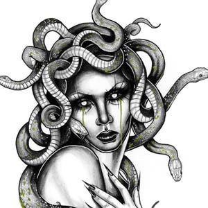 May include: A black and white illustration of Medusa with snakes for hair. The snakes are gray with green accents. The woman has white eyes and green tears. Her nails are long and black.