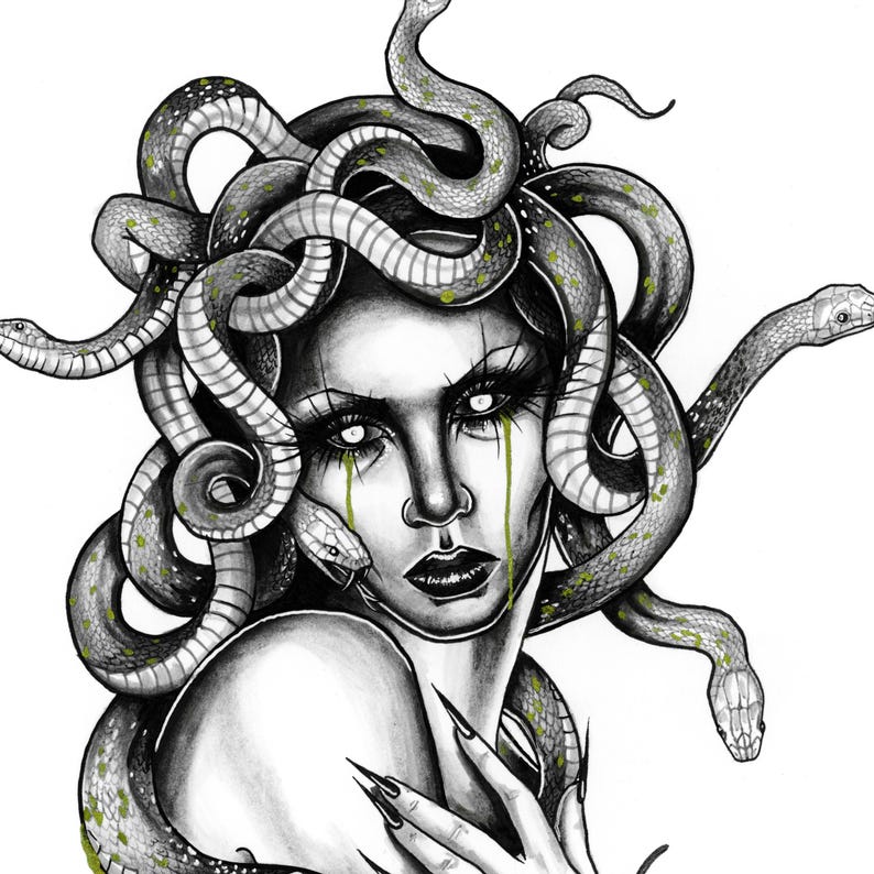 May include: A black and white illustration of Medusa with snakes for hair. The snakes are gray with green accents. The woman has white eyes and green tears. Her nails are long and black.