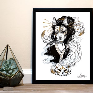 Kitsune Japanische Folklore - Inktober Kunstdruck