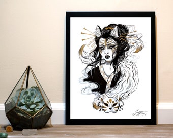 Kitsune Japanese Folklore - Inktober Art Print
