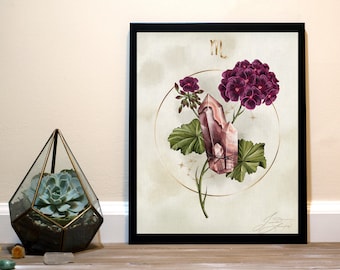Schorpioen Crystal Zodiac Art Print - Rhodochrosiet & Geraniums