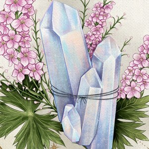 May include: A cluster of iridescent blue crystals tied together with twine, surrounded by pink flowers and green leaves.