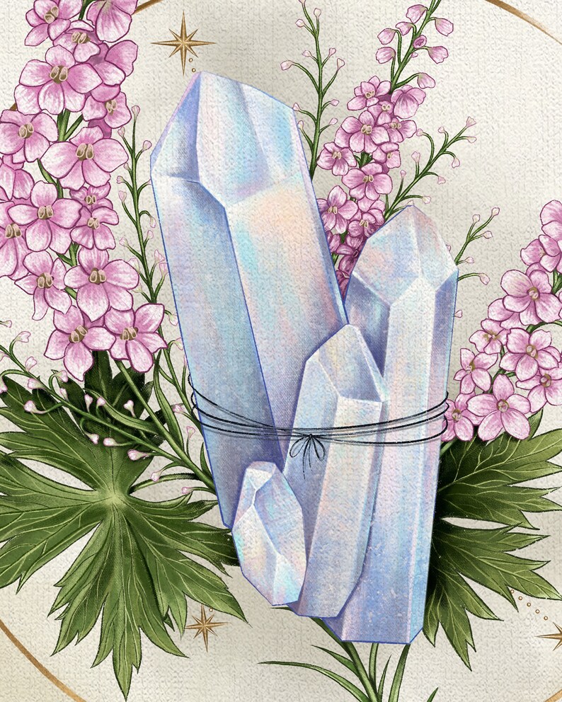 May include: A cluster of iridescent blue crystals tied together with twine, surrounded by pink flowers and green leaves.