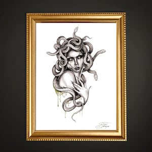 May include: A framed art print featuring a detailed black and white illustration of Medusa. The artwork depicts Medusa with snakes for hair, with gold accents. The print is in a gold frame, creating a striking contrast against the dark background.