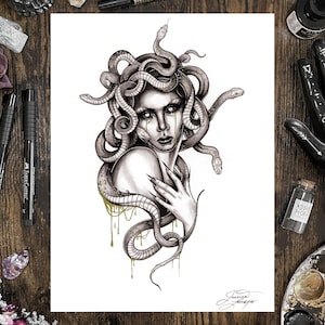 May include: Black and white illustration of Medusa with snakes for hair, a stern expression, and long fingernails. The artwork features gold accents and is signed by the artist. The image is on white paper.