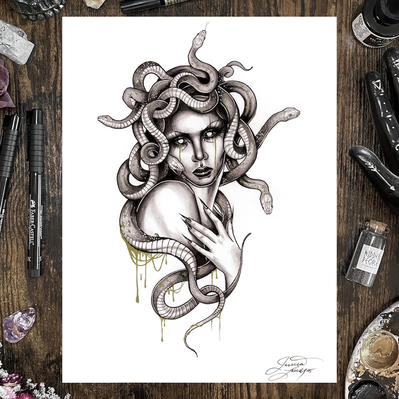May include: Black and white illustration of Medusa with snakes for hair, a stern expression, and long fingernails. The artwork features gold accents and is signed by the artist. The image is on white paper.