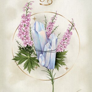 May include: A watercolour illustration of the Cancer zodiac sign with a gold outline. The sign is surrounded by a circle of pink flowers and blue crystals. The crystals are tied together with a string.