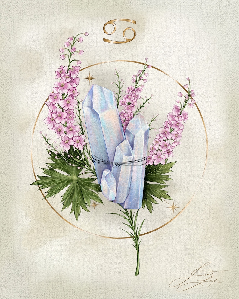 May include: A watercolour illustration of the Cancer zodiac sign with a gold outline. The sign is surrounded by a circle of pink flowers and blue crystals. The crystals are tied together with a string.