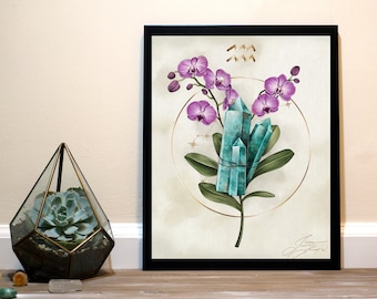 Aquarius Crystal Zodiac Art Print - Turquoise & Orchids