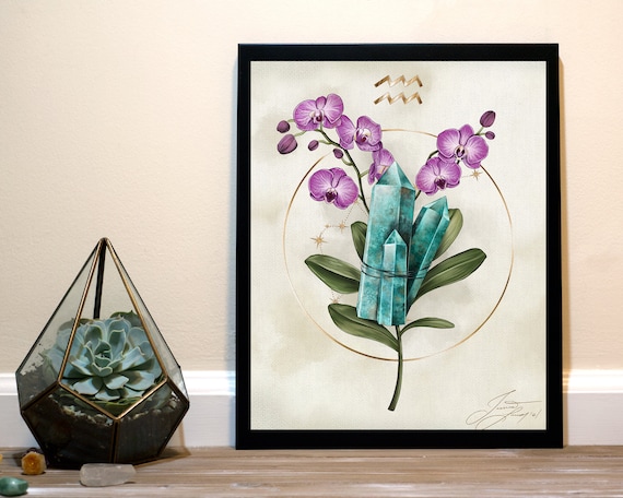 Aquarius Crystal Zodiac Art Print - Turquoise & Orchids