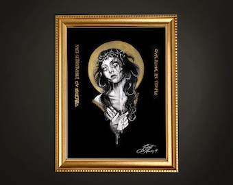 May include: A black and white illustration of a woman with a crown of thorns, surrounded by a gold halo. The text "QVE. RORE. IN. TEHPELLO" and "VIRGINS AD INTHALONEM EIVS" is written in gold on the black background.