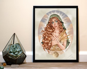 May include: A digital illustration of the Virgo zodiac sign. The image features a woman with long, flowing red hair, wearing a green robe and holding wheat stalks. She is surrounded by a halo of light and clouds.