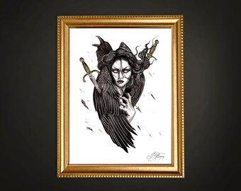 May include: A black and white illustration of a woman with a raven perched on her shoulder. She is holding a dagger in her right hand and another dagger is behind her. The background is white.