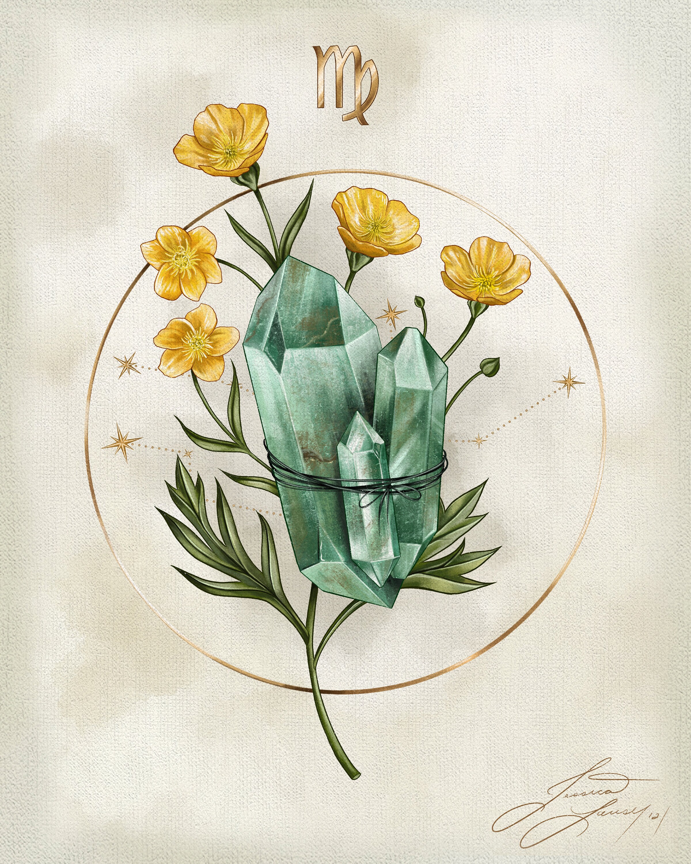 Virgo Crystal Zodiac Art Print Moss Agate & Buttercups Etsy