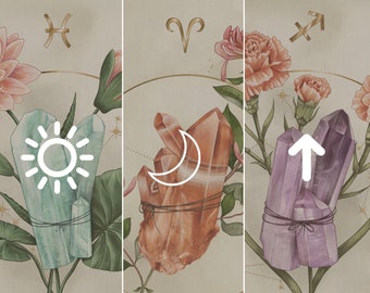 May include: Three zodiac signs with their corresponding crystals and symbols. Pisces with a sun symbol and blue crystals, Aries with a moon symbol and orange crystals, and Sagittarius with an arrow symbol and purple crystals.
