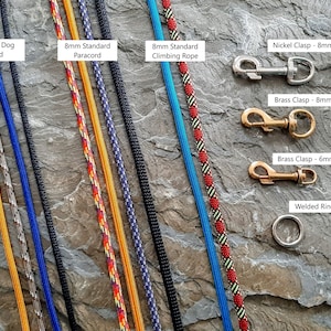 May include: A variety of paracord and climbing rope in different colors and patterns, including 6mm small dog paracord, 8mm standard paracord, and 8mm standard climbing rope.  Also shown are nickel and brass clasps for leashes, and a welded ring.