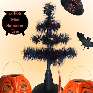 10&quot; Mini Halloween Goose Feather Tree & Stand ~ Black Feathers, Orange Berries
