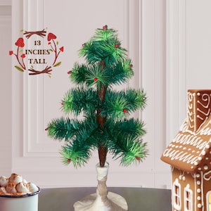 13&quot; Mini Goose Feather Tree & Stand ~ Green w/ Light Green Tips, Glittery Snow, Victorian German Style