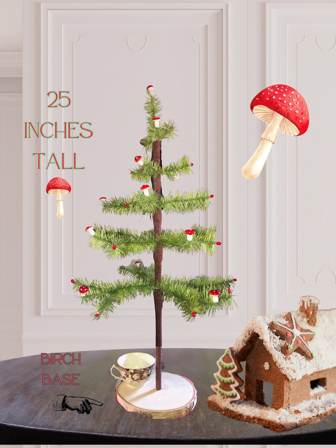 Woodland Goose Feather Tree 25 Inches Tall Light Green Mushrooms With