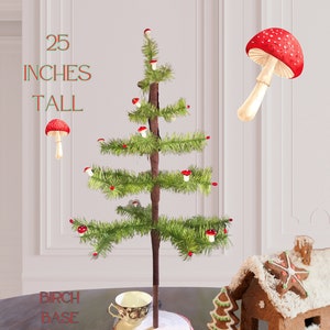 Woodland Goose Feather Tree 25 inches Tall - Light Green Mushrooms - with Birch Stand - Christmas - German Christmas