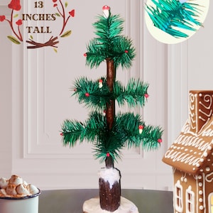13&quot; Mini Woodland Goose Feather Tree & Stand ~ Glittery Snow, Mushrooms, Victorian German Style