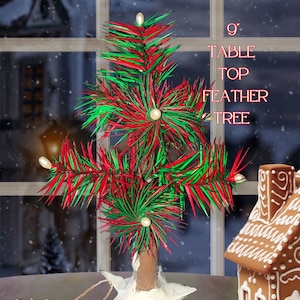 Tiered Tray Christmas Green and Red Goose Feather Tree & Stand ~ Mini 9&quot; Table Top Tree Indoor Holiday Decor, Victorian German Style