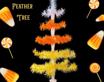 20" Candy Corn Feather Tree, Halloween-decor, handgemaakte antieke ornamenthanger, geeloranje wit