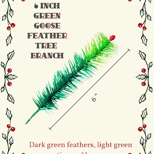 Può includere: Un ramo d'albero in piume d'oca verdi da 6 pollici con punte verde chiaro e una bacca rossa. Il testo 6 INCH GREEN GOOSE FEATHER TREE BRANCH è visibile, insieme a una linea di misurazione da 6 pollici e al testo Dark green feathers, light green tips, red berry.
