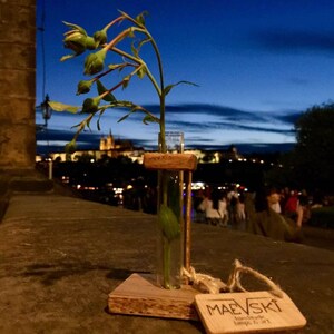 May include: A small glass test tube vase with a wooden base and a single stem of green roses. The vase is sitting on a wooden surface with a tag that reads "Maevski Handmade Lamps & Art".
