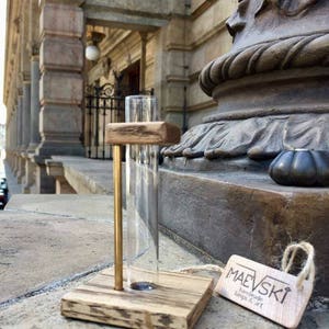 May include: A wooden test tube holder with a gold metal rod and a clear glass test tube. The holder is sitting on a stone surface with a tag that reads "Maevski Handmade Lamps & Art".