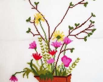 Vintage Pre-Worked Floral Needlepoint Design on Large Unfinished Canvas-17\u201d x 18\u201d-Mid Century 1960/'s Yarn Art-Nice Wooden Lap or Table Frame