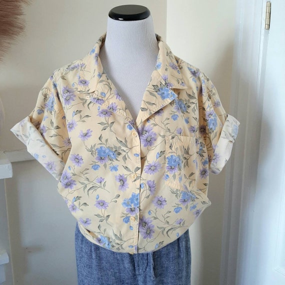 1990/'s striped shirt Boyfriend shirt Navy Summer blouse Cotton blouse.