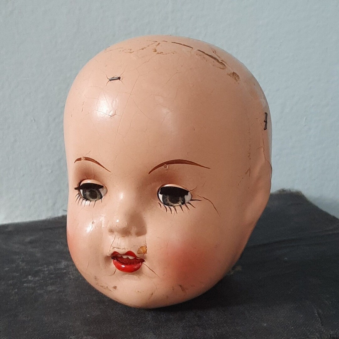 Antique Composition Doll Head Weighted Eyes Teeth Creepy Etsy
