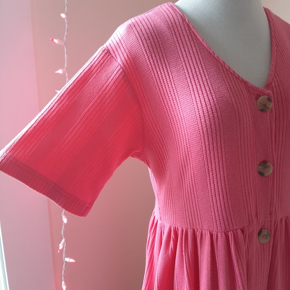 90s Waffle Knit Pink Button Down Cotton Dress Com… - image 2