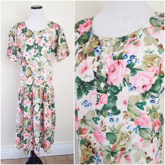 Vtg Starina Floral Drop Waist Midi Dress, 80s Twir