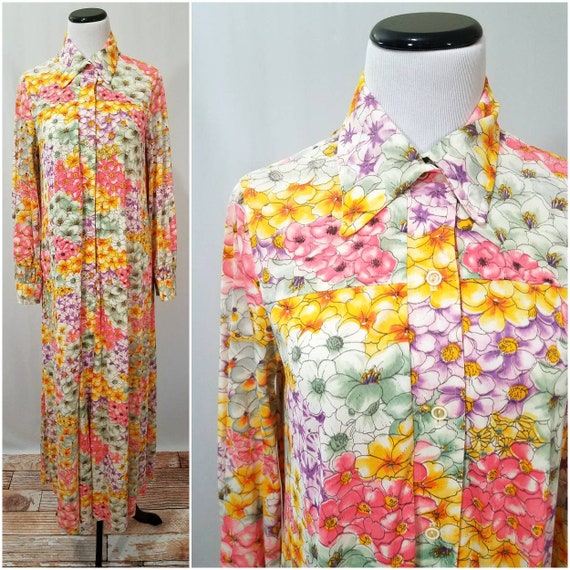 Vtg 70s Flower Garden Maxi Lounge Caftan House Dre