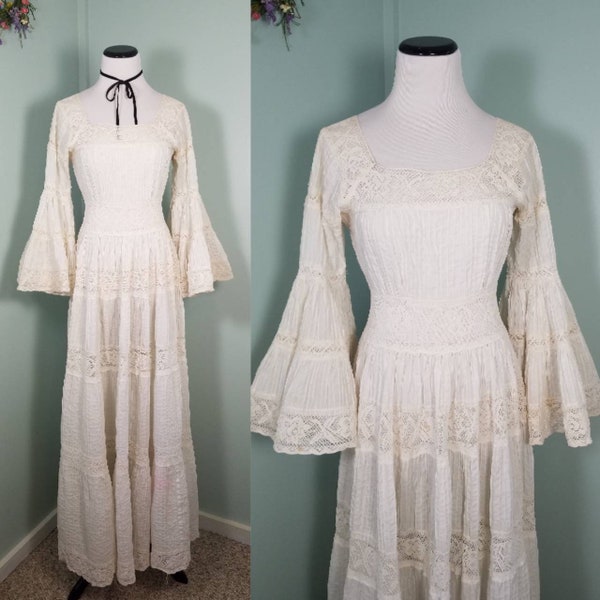 Vtg 1970s Mexican Rose Wedding Dress, Bell Sleeve Boho Maxi Dress, Tiered Lace Hippie Wedding Festival Dress