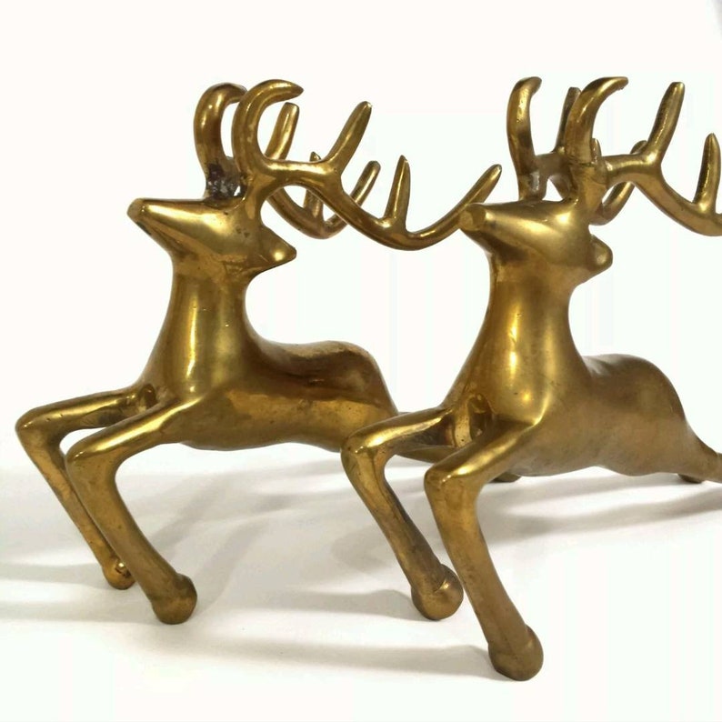 Vintage Brass Leaping Reindeer Statue Set Antler Bucks Vtg Etsy