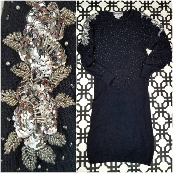 1990s Sequin Embellished Black Silk Angora Knit Sw
