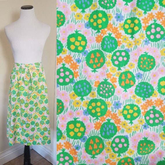 60s Midi Wrap Skirt/Apron Fruit Tree Novelty Print