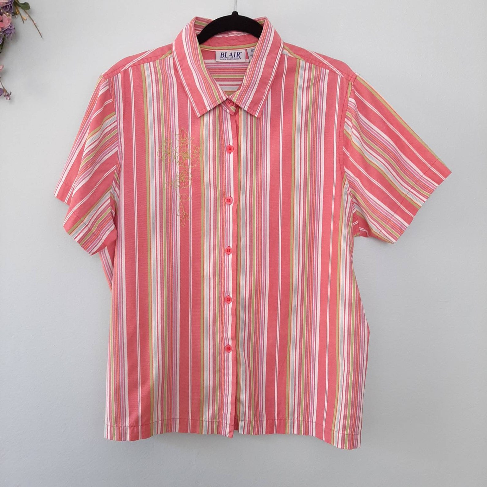 Vtg Blair Button Down Camp Shirt Salmon Stripe with Embroidery Etsy