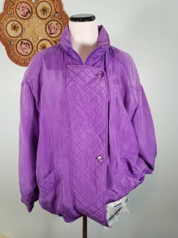 Vtg 80s Purple Silk Bomber Jacket, Oversized Vinta