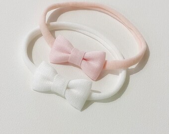 Linen Bow, Mini Bow Headband, Newborn Baby headband, Soft Linen Headband, Photo Prop, Newborn Bow, Baby Girl Headband, white Bow, Pink Bow
