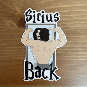Pode incluir: Um adesivo com uma ilustração de desenho animado de um homem se exibindo em frente a um espelho. O texto "Sirius Back" está acima e abaixo da imagem. O adesivo é branco com texto preto e uma ilustração marrom e preta.
