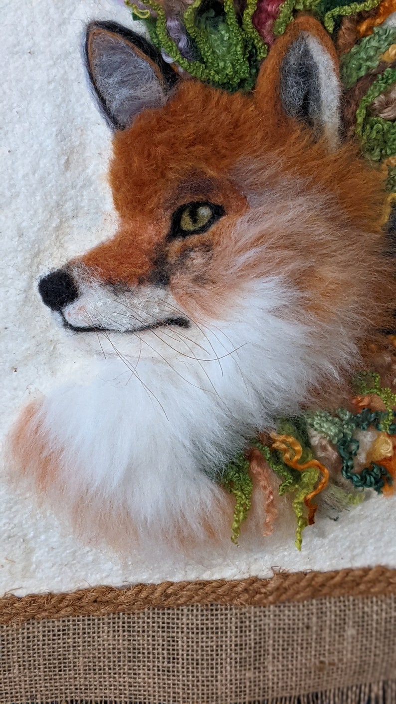 2D Needled Felted Wool Wall Hanging of a Fox With Flowers on Natural Cotton Batting and Burlap