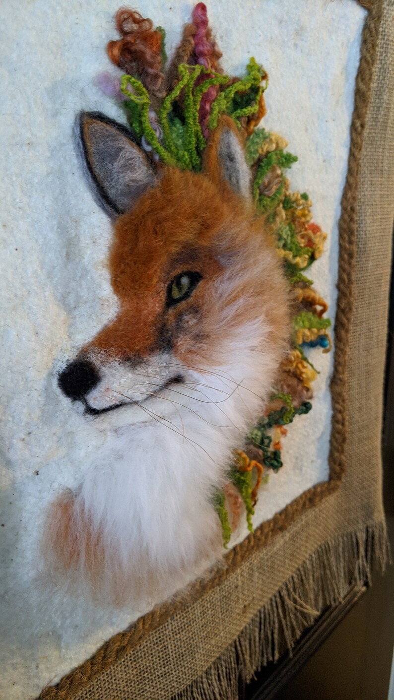 2D Needled Felted Wool Wall Hanging of a Fox With Flowers on Natural Cotton Batting and Burlap