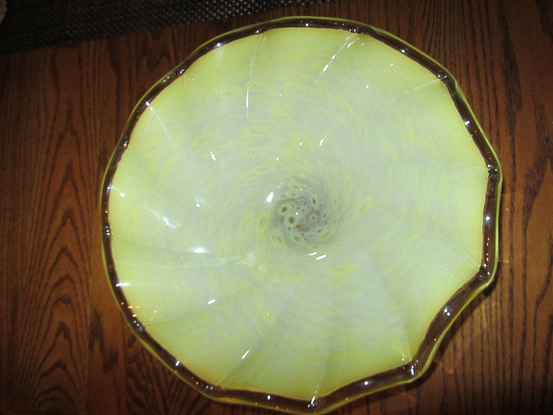 Fluted 12 by 4.5 Round Glass Vintage Bowl Hand Blown Mid Century Yellow Art Centerpiece Great Gift!